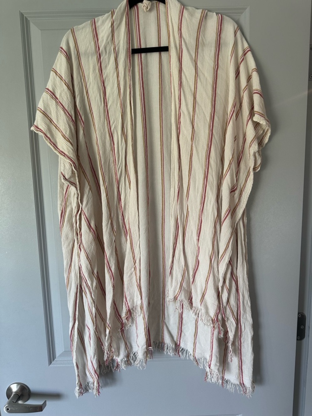 Elle Cream Open-Front Duster with Pink and Gold Stripes